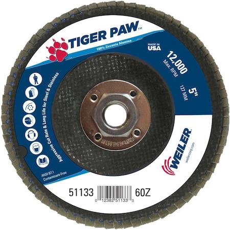 Weiler 5" Tiger Paw Abrasive Flap Disc, Conical (TY29), 60Z, 5/8"-11 UNC 51133